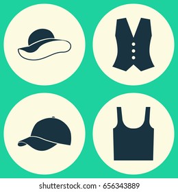 Clothes Icons Set. Collection Of Waistcoat, Singlet, Elegant Headgear And Other Elements. Also Includes Symbols Such As Trilby, Visor, Waistcoat.