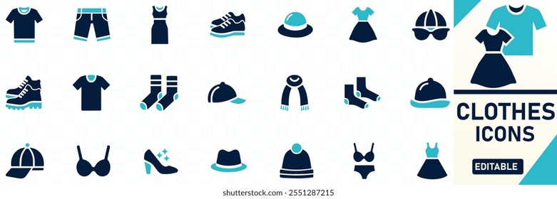 Clothes icons set Containing shirt, pants, shoes, socks, shorts, t-shirt, dress, coat