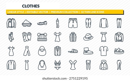 clothes icons set - denim jacket, shutter sunglasses, leather shoes, hooded jacket, slit skirt outline vector collection.