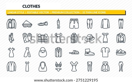 clothes icons set - denim jacket, shutter sunglasses, leather shoes, hooded jacket, slit skirt outline vector collection.