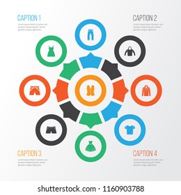 Clothes icons set with dress, coat, hoodie and other swimming trunk elements. Isolated vector illustration clothes icons.