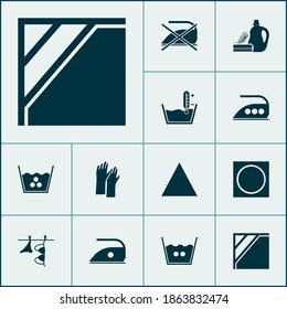 Iconos de la ropa ajustados con sequedad a la sombra, no planchar, ropa interior colgante y otros elementos de látex. Iconos aislados de ilustraciones vectoriales.