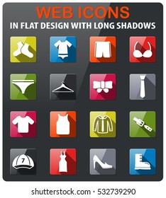 Clothes icons set in flat design with long shadow