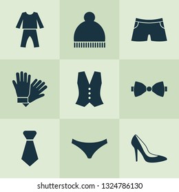 Clothes icons set with knickers, necktie, glove and other mitten elements. Isolated vector illustration clothes icons.