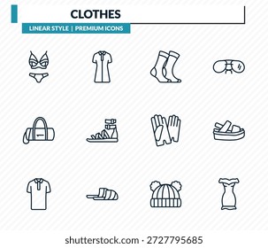 bekleidung icons set - lingerine, lyocell shirt kleid, frauen socken, plattform sandalen, off die schulterkleid umriss vektor kollektion.