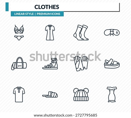 clothes icons set - lingerine, lyocell shirt dress, women socks, platform sandals, off the shoulder dress outline vector collection.