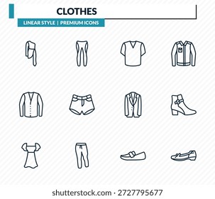 bekleidung icons set - ein schulterkleid, leggins, v-hals-shirt, knöchelstiefel, lederschuhe umreißen vektor kollektion.