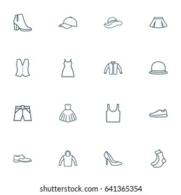 Clothes Icons Set Outline. Collection Of Fedora, Boots, Gumshoes And Other Clothes Icons Elements. Also Includes Symbols Such As Tunic, Sox, Vest.