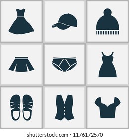 Clothes icons set with pompom, pants, sandal footwear elements. Isolated vector illustration clothes icons.