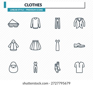 bekleidung icons set - shutter sonnenbrille, kragenloses baumwollhemd, oxford wave anzug hose, leder derby schuh, henley shirt kontur vektor kollektion.