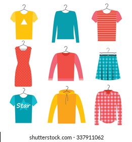 Clothes icons set with skirt, dress, shirt, t-shirt, vector illustration. Plaid and checked clothes;  man's and woman's clothing