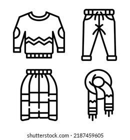 Clothes icons set = sweater, jogger pants, long skirt, scarf. Perfect for website mobile app, app icons, presentation, illustration and any other projects