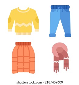 Clothes icons set = sweater, jogger pants, long skirt, scarf. Perfect for website mobile app, app icons, presentation, illustration and any other projects