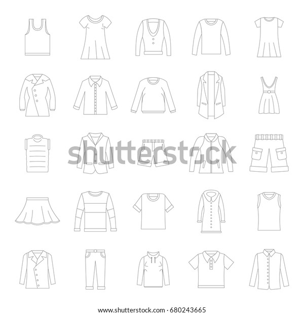 Clothes icons set in thin line style. Vector set\
clothing on white background including dresess, skirts, shorts,\
pants, tops and\
t-shirt
