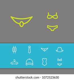 Clothes icons set with tie, cap and swimsuit elements. Set of clothes icons and swimsuit concept. Editable vector elements for logo app UI design.