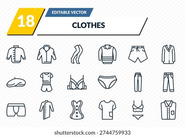 clothes icons set - windbreaker, jogging jacket, stockings, lingerie, chemise outline vector collection.