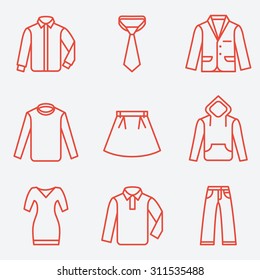 Clothes icons, thin line style, flat design 