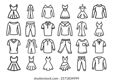 Clothes icons, thin line style.Sweatshirt, hoody, pullover, bathsuit, jacket, evening dress, cardigan vector illustration