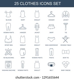 clothes icons. Trendy 25 clothes icons. Contain icons such as blouse, skirt, singlet, hanger, jacket, woman pants, tie, sport bra, man underwear. clothes icon for web and mobile.