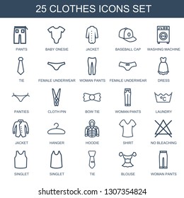 clothes icons. Trendy 25 clothes icons. Contain icons such as pants, baby onesie, jacket, baseball cap, washing machine, tie, female underwear. clothes icon for web and mobile.