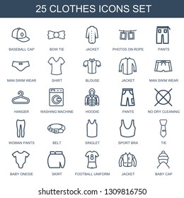 clothes icons. Trendy 25 clothes icons. Contain icons such as baseball cap, bow tie, jacket, photos on rope, pants, man swim wear, shirt, blouse. clothes icon for web and mobile.