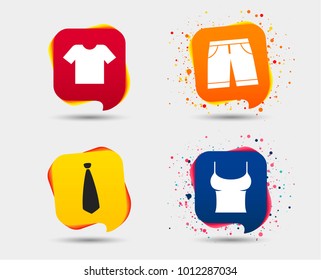 Clothes Icons. T-shirt And Bermuda Shorts Signs. Business Tie Symbol. Speech Bubbles Or Chat Symbols. Colored Elements. Vector