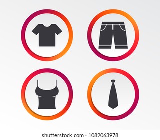 Clothes icons. T-shirt and bermuda shorts signs. Business tie symbol. Infographic design buttons. Circle templates. Vector