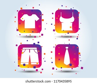 Clothes icons. T-shirt and bermuda shorts signs. Business tie symbol. Colour gradient square buttons. Flat design concept. Vector