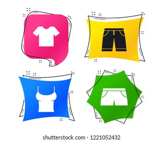 Clothes icons. T-shirt and bermuda shorts signs. Swimming trunks symbol. Geometric colorful tags. Banners with flat icons. Trendy t-shirt design. Vector