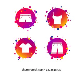 Clothes icons. T-shirt and bermuda shorts signs. Swimming trunks symbol. Gradient circle buttons with icons. Random dots design. Vector