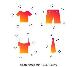 Clothes icons. T-shirt and bermuda shorts signs. Business tie symbol. Random dynamic shapes. Gradient shorts icon. Vector