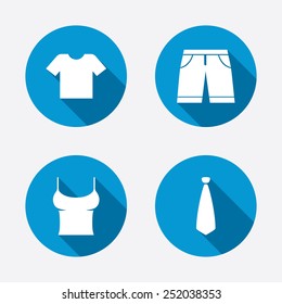 Clothes icons. T-shirt and bermuda shorts signs. Business tie symbol. Circle concept web buttons. Vector