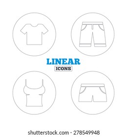 Clothes icons. T-shirt and Bermuda shorts signs. Swimming trunks symbol. Linear outline web icons. Vector