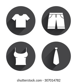 Clothes icons. T-shirt and bermuda shorts signs. Business tie symbol. Circles buttons with long flat shadow. Vector