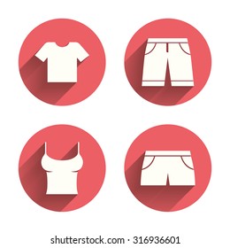 Clothes icons. T-shirt and bermuda shorts signs. Swimming trunks symbol. Pink circles flat buttons with shadow. Vector