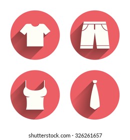 Clothes icons. T-shirt and bermuda shorts signs. Business tie symbol. Pink circles flat buttons with shadow. Vector