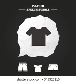 Clothes icons. T-shirt and bermuda shorts signs. Swimming trunks symbol. Paper speech bubble with icon.