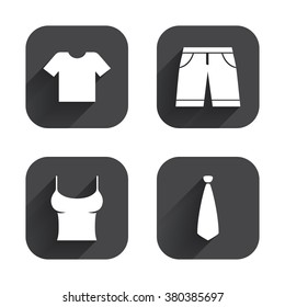 Clothes icons. T-shirt and bermuda shorts signs. Business tie symbol. Square flat buttons with long shadow.