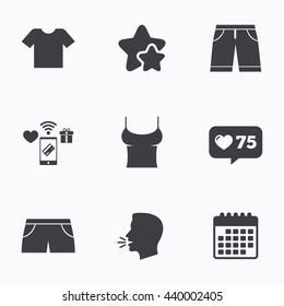 Clothes icons. T-shirt and bermuda shorts signs. Swimming trunks symbol. Flat talking head, calendar icons. Stars, like counter icons. Vector