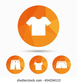 Clothes icons. T-shirt and bermuda shorts signs. Swimming trunks symbol. Triangular low poly buttons with shadow. Vector