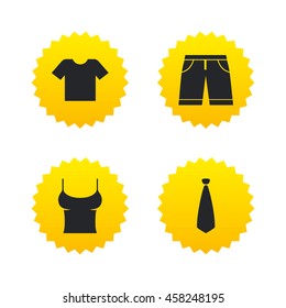 Clothes icons. T-shirt and bermuda shorts signs. Business tie symbol. Yellow stars labels with flat icons. Vector
