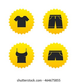 Clothes icons. T-shirt and bermuda shorts signs. Swimming trunks symbol. Yellow stars labels with flat icons. Vector