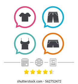 Clothes icons. T-shirt and bermuda shorts signs. Swimming trunks symbol. Calendar, internet globe and report linear icons. Star vote ranking. Vector