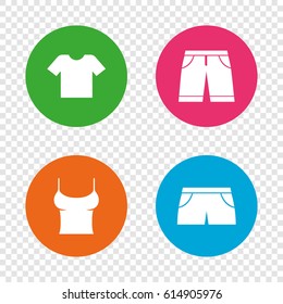Clothes icons. T-shirt and bermuda shorts signs. Swimming trunks symbol. Round buttons on transparent background. Vector