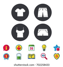 Clothes icons. T-shirt and bermuda shorts signs. Swimming trunks symbol. Calendar, Information and Download signs. Stars, Award and Book icons. Light bulb, Shield and Search. Vector