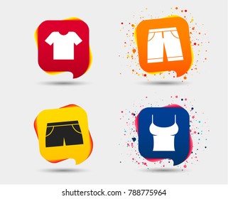 Clothes icons. T-shirt and bermuda shorts signs. Swimming trunks symbol. Speech bubbles or chat symbols. Colored elements. Vector