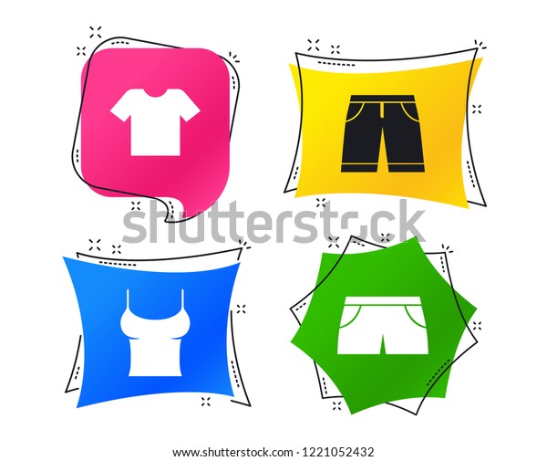 Clothes icons. T-shirt and bermuda shorts\
signs. Swimming trunks symbol. Geometric colorful tags. Banners\
with flat icons. Trendy t-shirt design.\
Vector