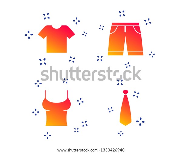 Clothes icons. T-shirt and bermuda shorts signs.\
Business tie symbol. Random dynamic shapes. Gradient shorts icon.\
Vector