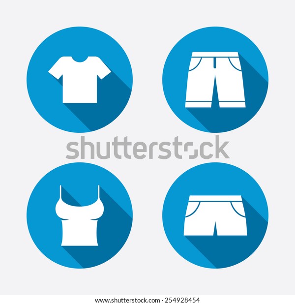 Clothes icons. T-shirt\
and bermuda shorts signs. Swimming trunks symbol. Circle concept\
web buttons. Vector