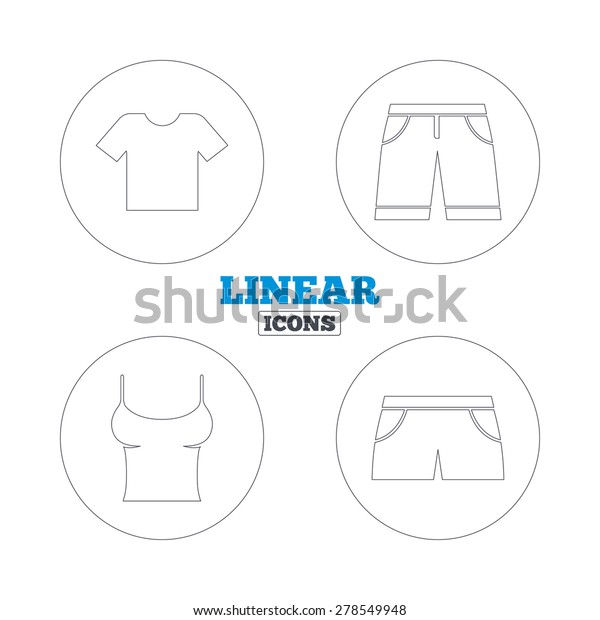 Clothes icons. T-shirt\
and Bermuda shorts signs. Swimming trunks symbol. Linear outline\
web icons. Vector